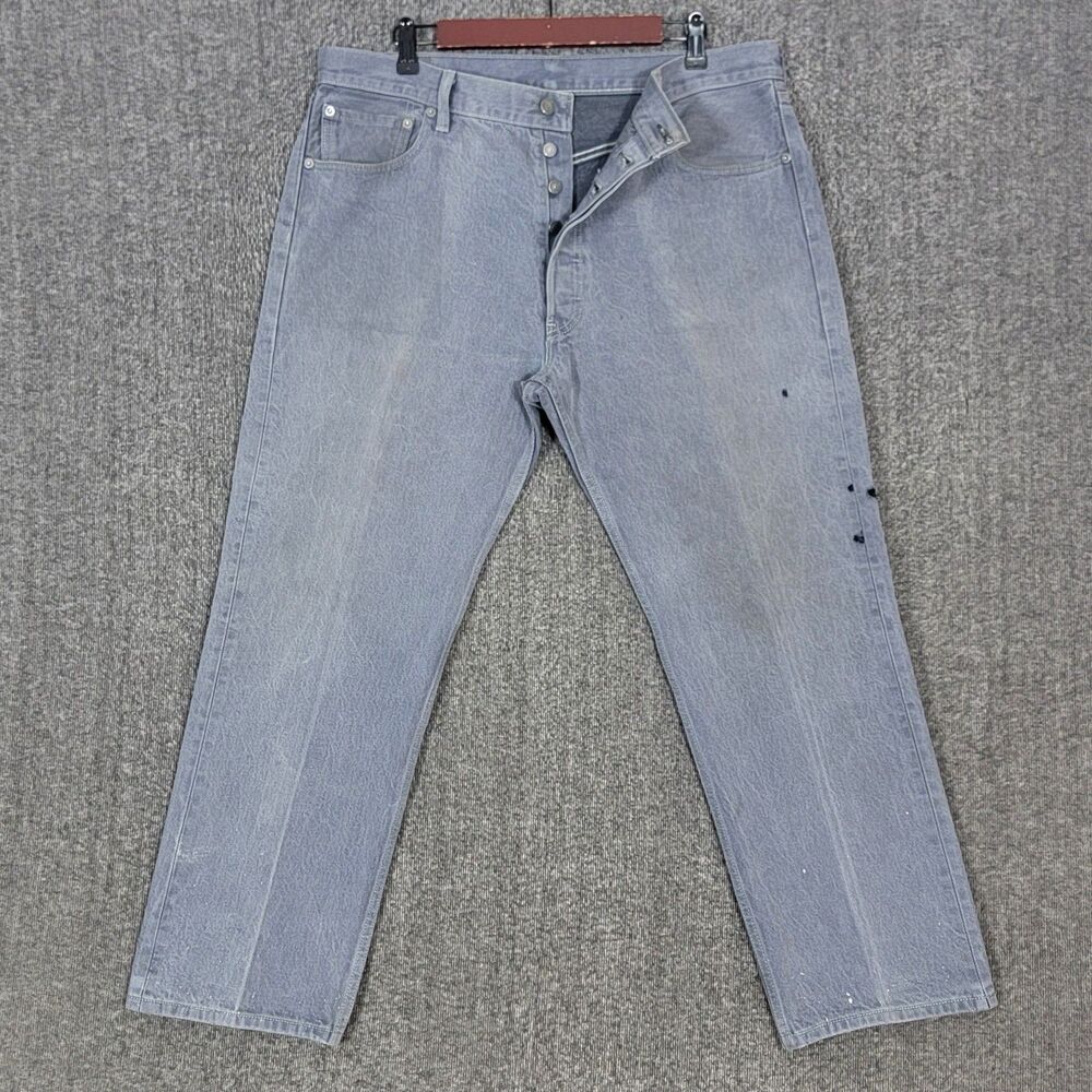 Levis 501 Jeans Mens 36x27* Gray Original Fit Button Fly Distressed Denim